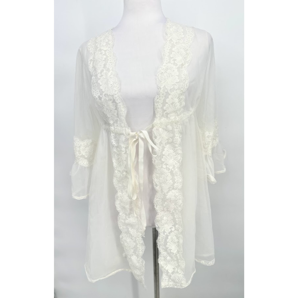 Vtg Mistee Peignoir Sheer Lace Coquette Women Large Nightgown Lingerie USA Ivory